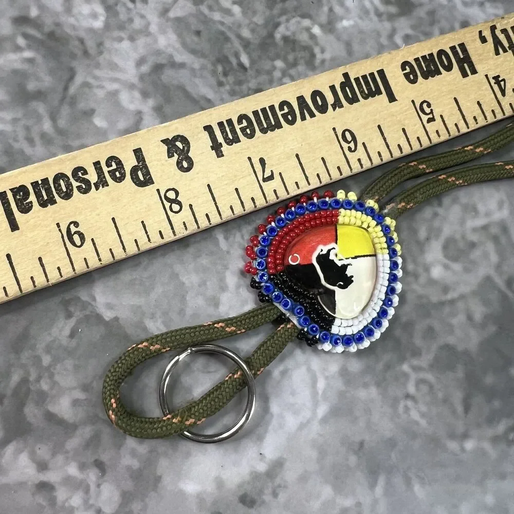 Handmade Native American Style Beaded Buffalo Keychain - Red White Blue Bull Tie